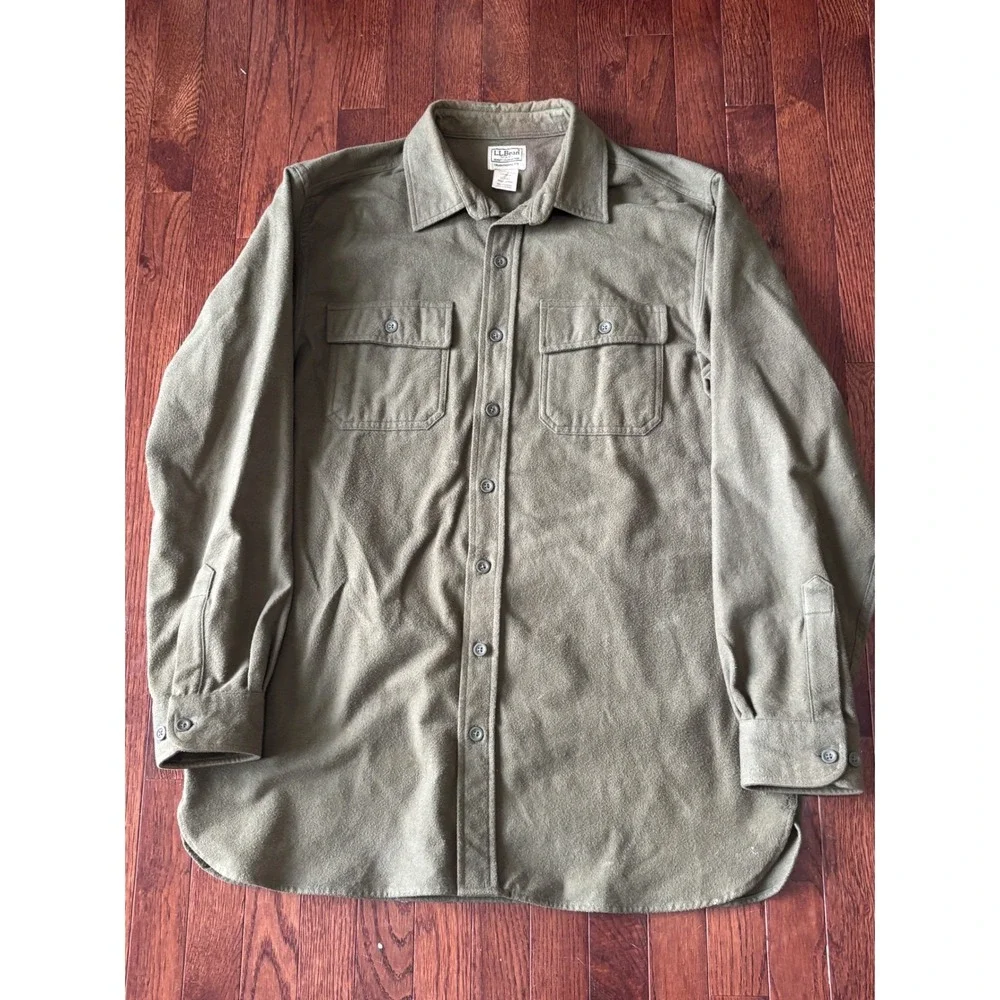L.L.Bean Chamois Cloth Shirt Men's Large Tall Olive Green Heavy Flannel Shacket